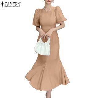 ZANZEA Đầm Đuôi Cá Cổ Tròn Tay Phồng Phối Khóa Kéo Sau Lưng Thời Trang Cho Nữ