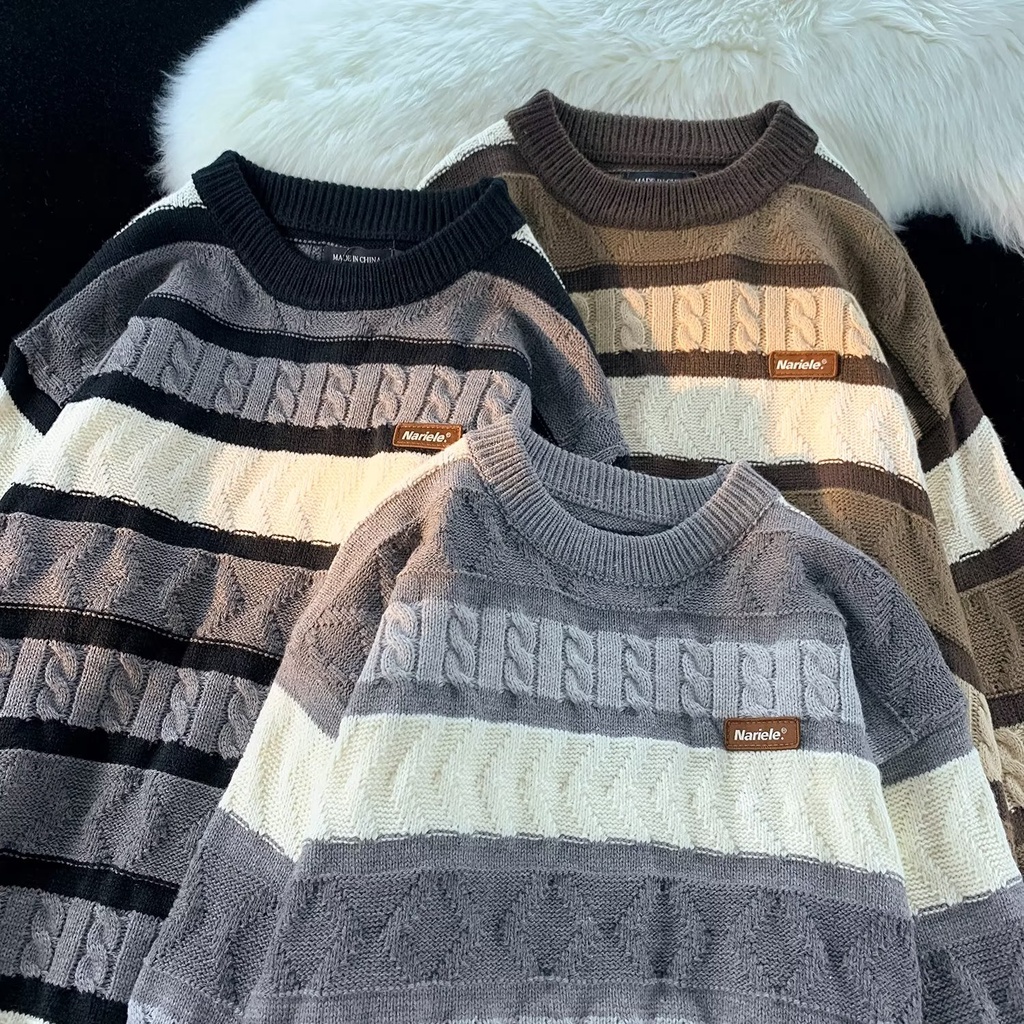 Áo sweater Dệt Kim Tay Dài Cổ Tròn Dáng Rộng Họa Tiết Kẻ Sọc Thời Trang Mùa Đông 2022 Cho Nam