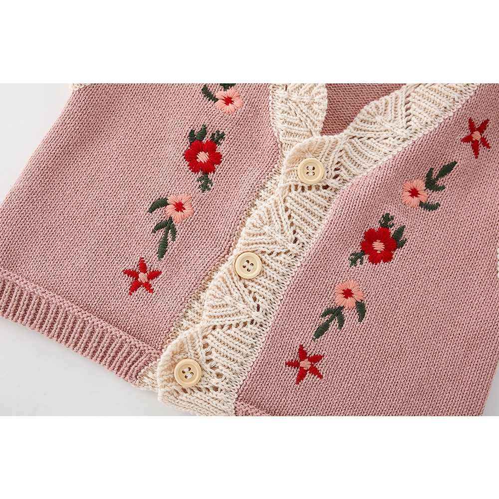 Mới Áo Khoác cotton Dệt Kim Cổ Chữ v Thêu Hoa Phong Cách vintage Dành Cho Bé Gái Thời Trang