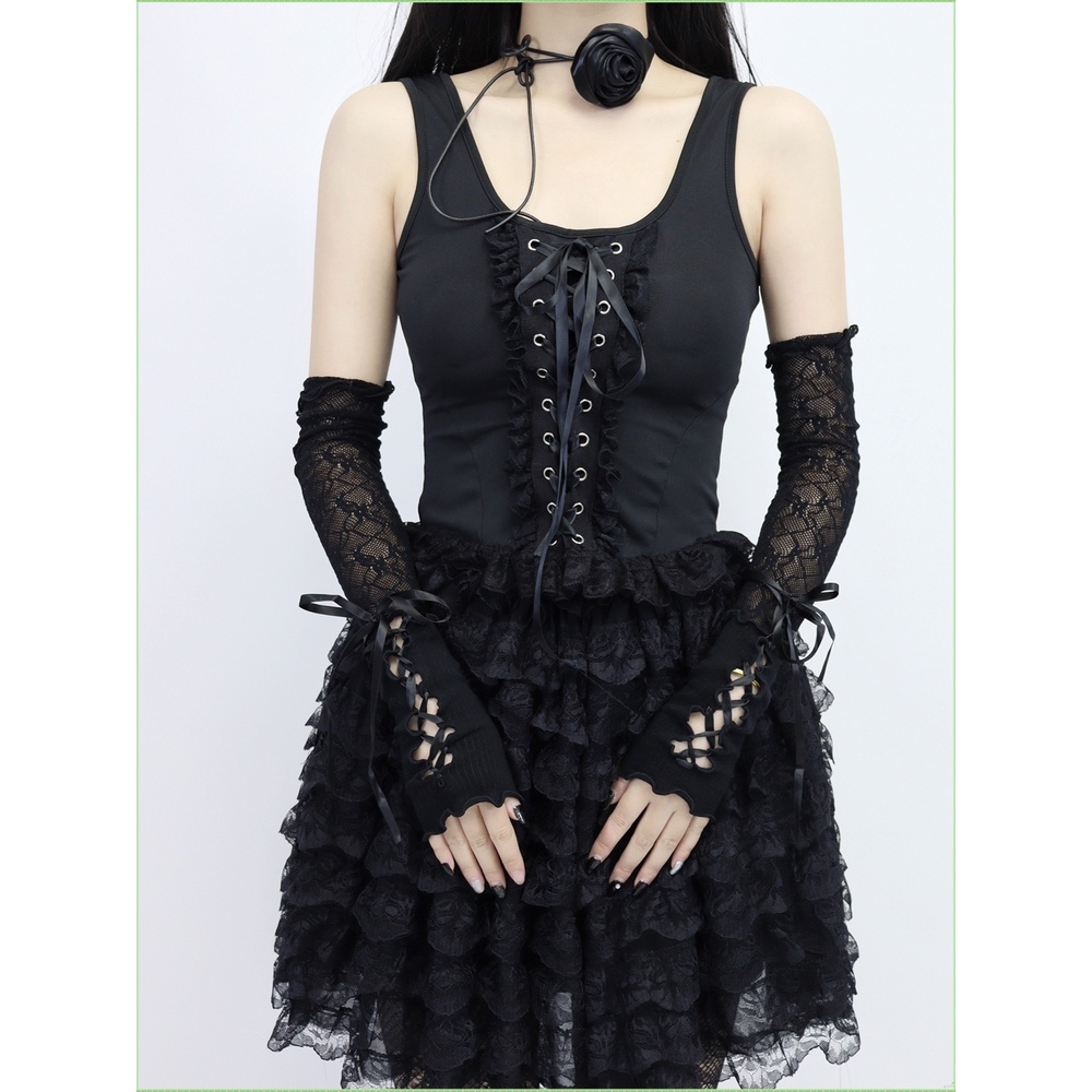 Găng Tay Lưới Hở Ngón Màu Đen Phong Cách lolita jk y2k