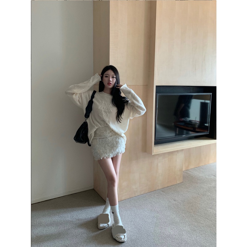 Bộ Áo Tay Dài + Chân Váy Lưng Cao Thời Trang Đáng Yêu Cho Nữ Kiểu Hàn Quốc