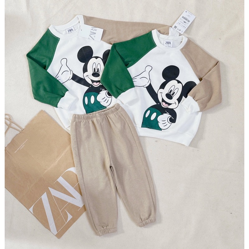 ✨MALINHKID✨N049- Bộ thun phối xanh nâu chuột cổ tròn trẻ em VNXK