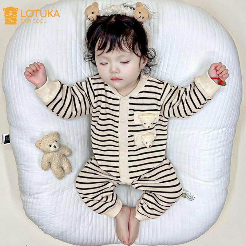 Body LOTUKA Cho Bé, Bodysuit Tăm Thu Kẻ Đính Gấu Cho Bé Trai Bé Gái, Bộ Liền Thân Dài Tay Size 3-12kg