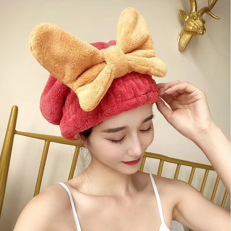 ♕ Mũ đội tóc khô dày dành cho nữ Hút nước siêu mạnh Túi làm khô nhanh Khăn lau tóc Gội đầu Nơ dễ thương Mũ tắm