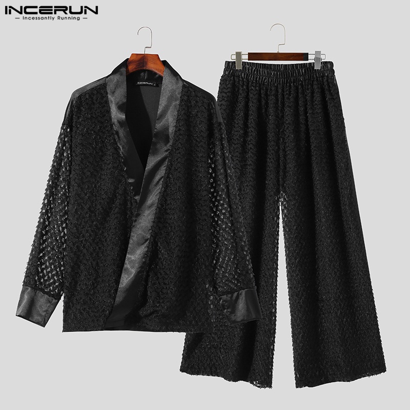 INCERUN Bộ Áo Khoác cardigan Dài Tay Xuyên Thấu + Quần Ống Rộng Thời Trang vintage Dành Cho Nam