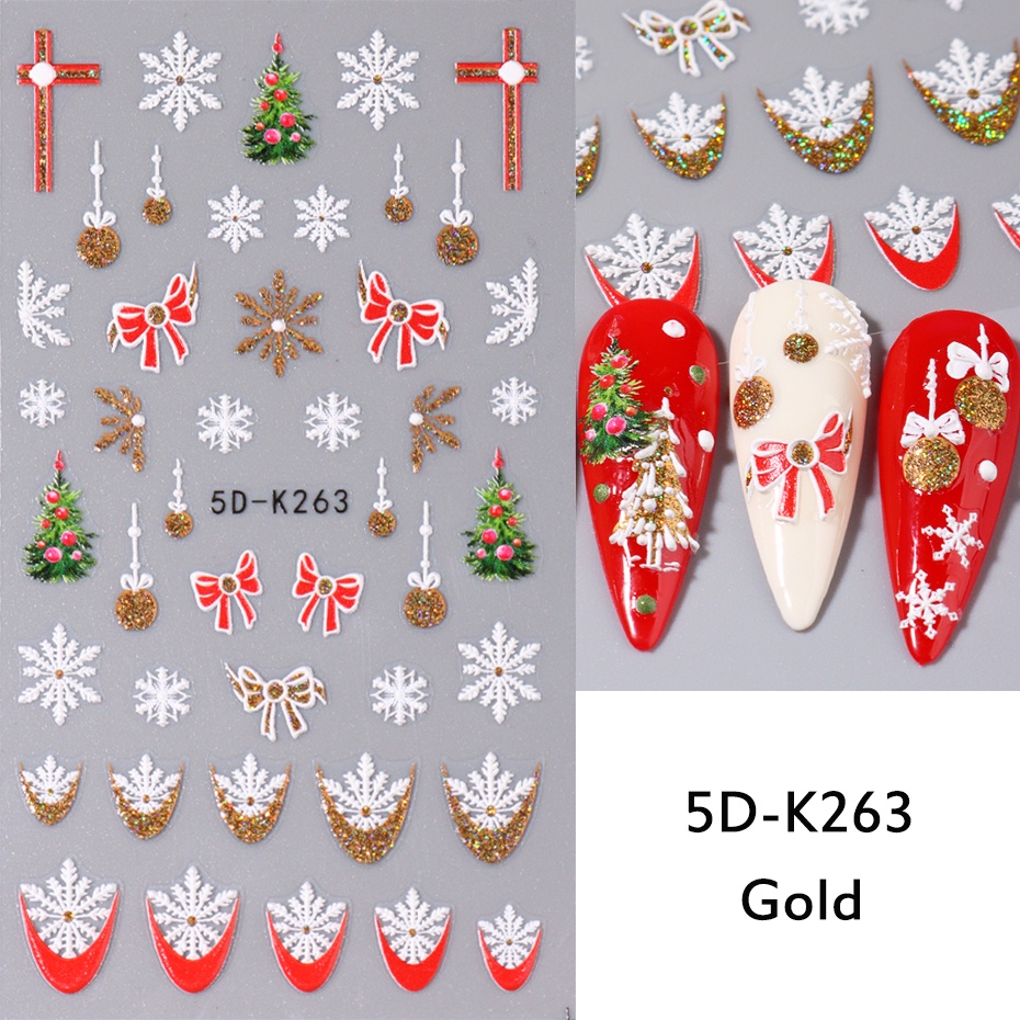 Miếng Dán Trang Trí Móng Tay 5d Màu Vàng Kim Lấp Lánh Hình Cây Thông Giáng Sinh / Hoa Tuyết / Gấu Nổi Bật