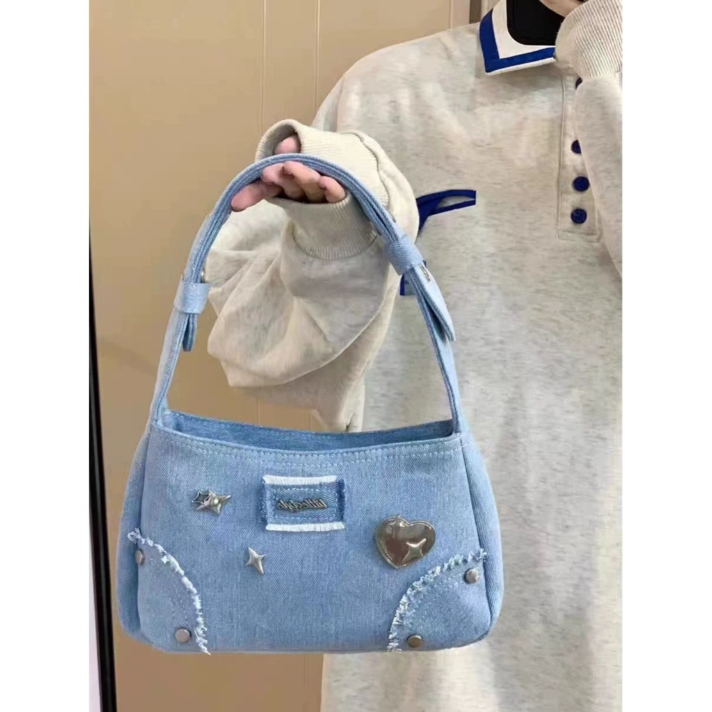 Shi chen Túi Xách tote denim Thời Trang Cổ Điển Hình Ngôi Sao Kim Loại Thiết Kế Đơn Giản Phong Cách niche Và Đa Năng Cho Nữ
