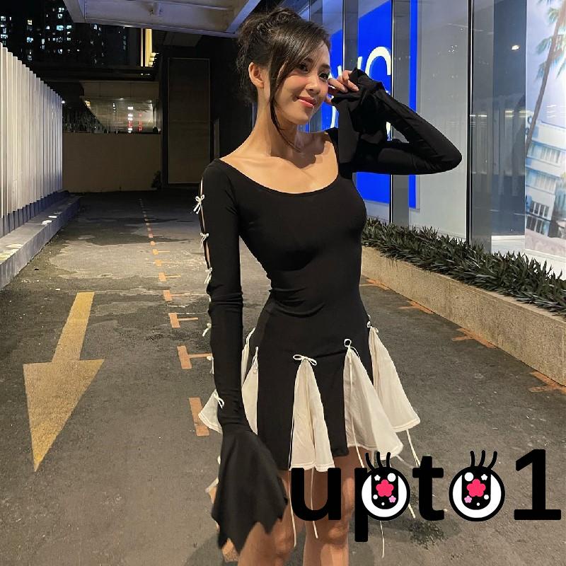Đầm mini Đi Biển Tay Dài Thắt Nơ Màu Sắc Tương Phản Xinh Xắn Cho Nữ