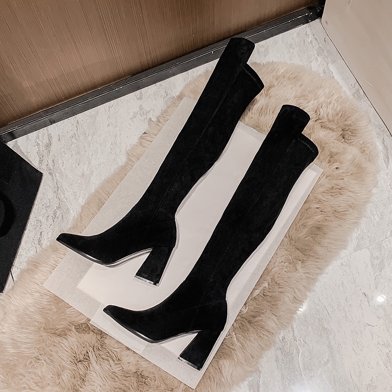 Giày Bốt Cao Gót Da Lộn Mỏng Cao Qua Gối Thời Trang Thu Đông 2023 Phong Cách Mới Cho Nữ