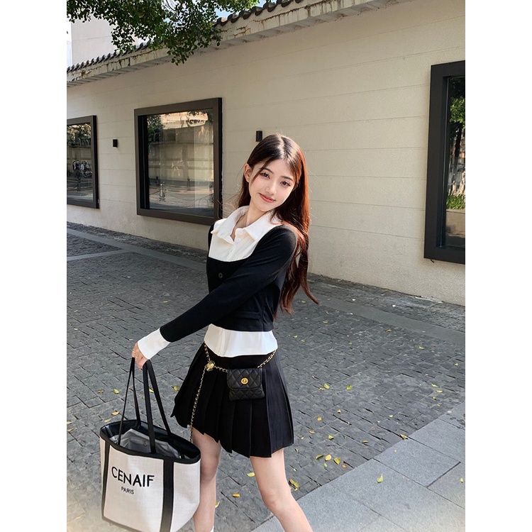 Áo Sơ Mi Ngắn Tay Dài Giả Hai Lớp Màu Sắc Tương Phản Phong Cách Pháp Thời Trang Xuân Thu Cho Nữ