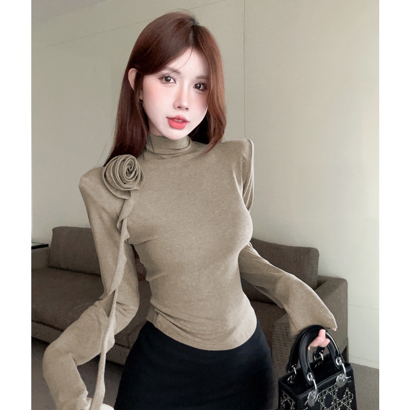 Áo Thun Tay Dài Cổ Cao Dáng Ôm Thời Trang Thu Đông Cho Nữ