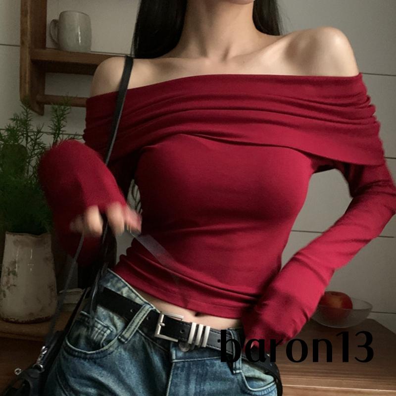 Xo8k-áo Thun Tay Dài Trễ Vai Màu Trơn Ôm Dáng Gợi Cảm Cho Nữ