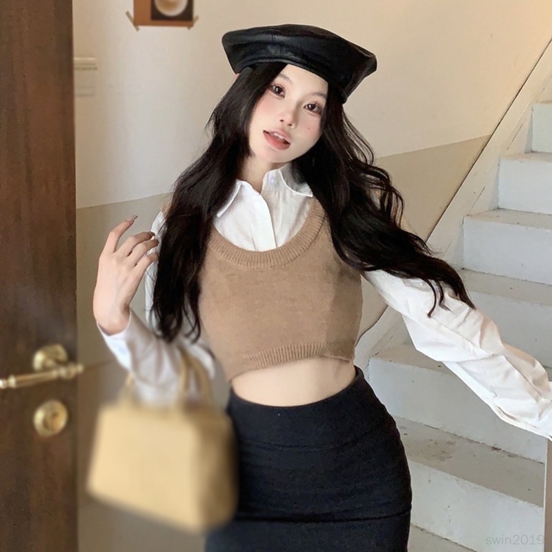 Áo Croptop Dệt Kim Không Tay Màu Sắc Đơn Giản Cho Nữ