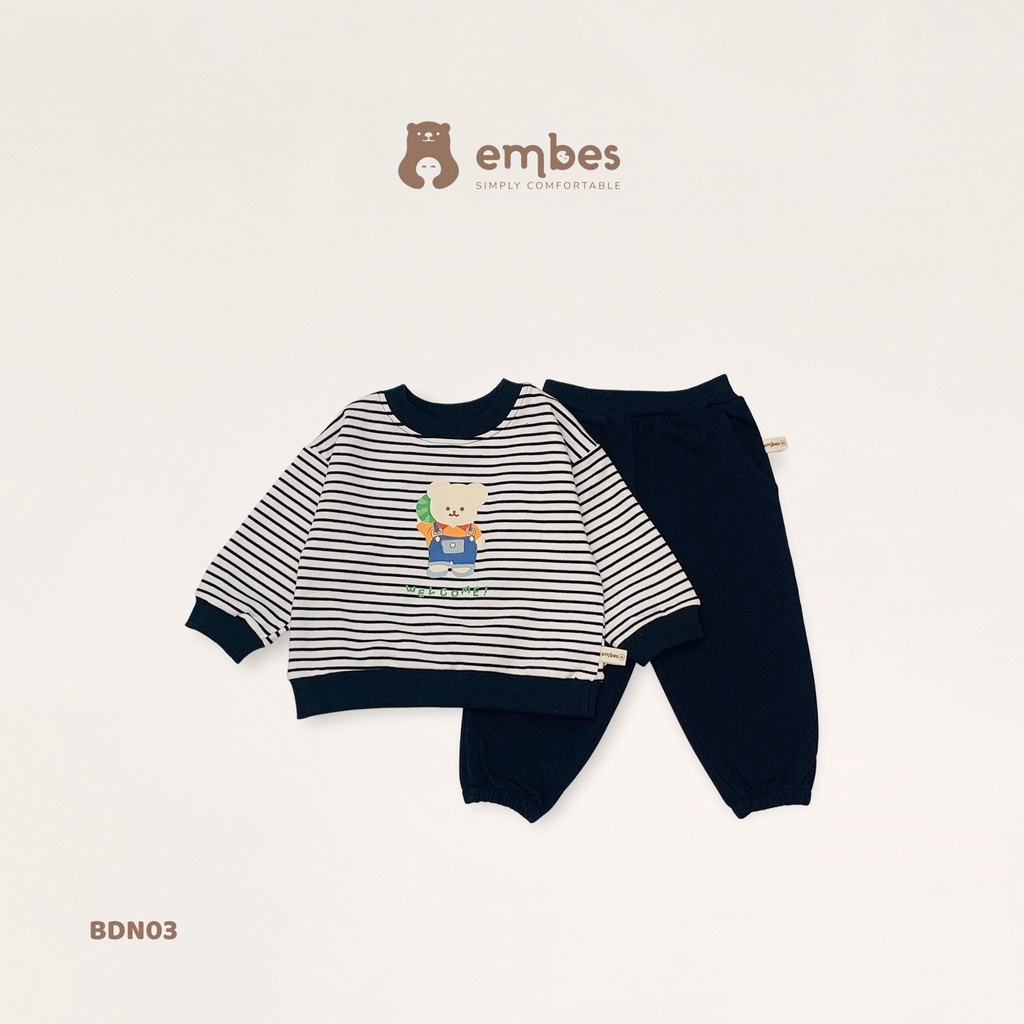 EMBES Bộ quần áo thu đông nỉ da cá cho bé trai bé gái từ 8kg tới 18kg