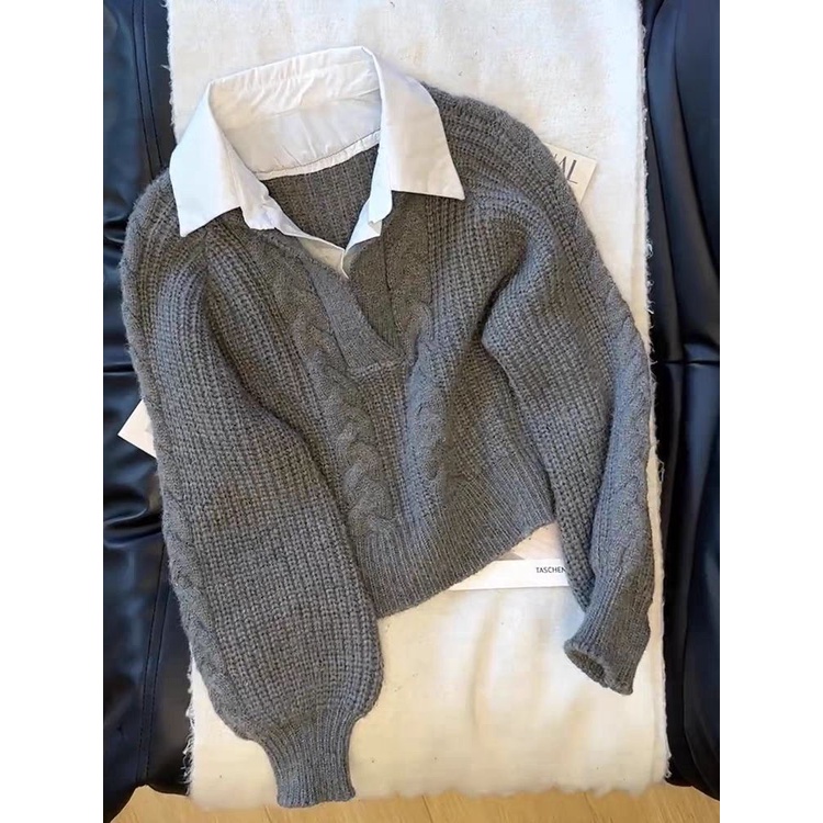 Áo sweater Giả Hai Lớp Cổ polo Dáng Ôm Phong Cách Thời Trang Pháp