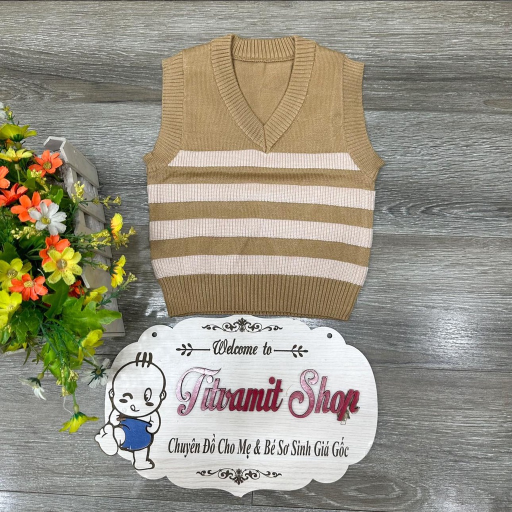 Áo gile len quảng châu cổ tim kẻ cho bé trai bé gái mặc thu đông