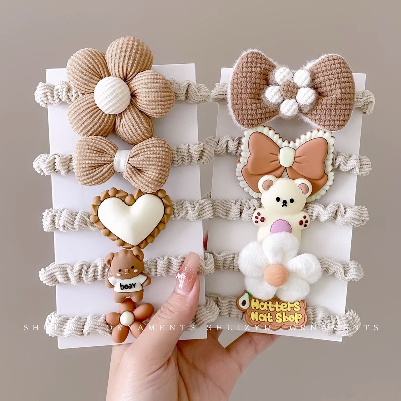 Set 5 Dây Buộc Tóc Cao Su Co Giãn Đính Nơ Kiểu Hàn Quốc Dễ Thương Không Đau Cho Bé Gái