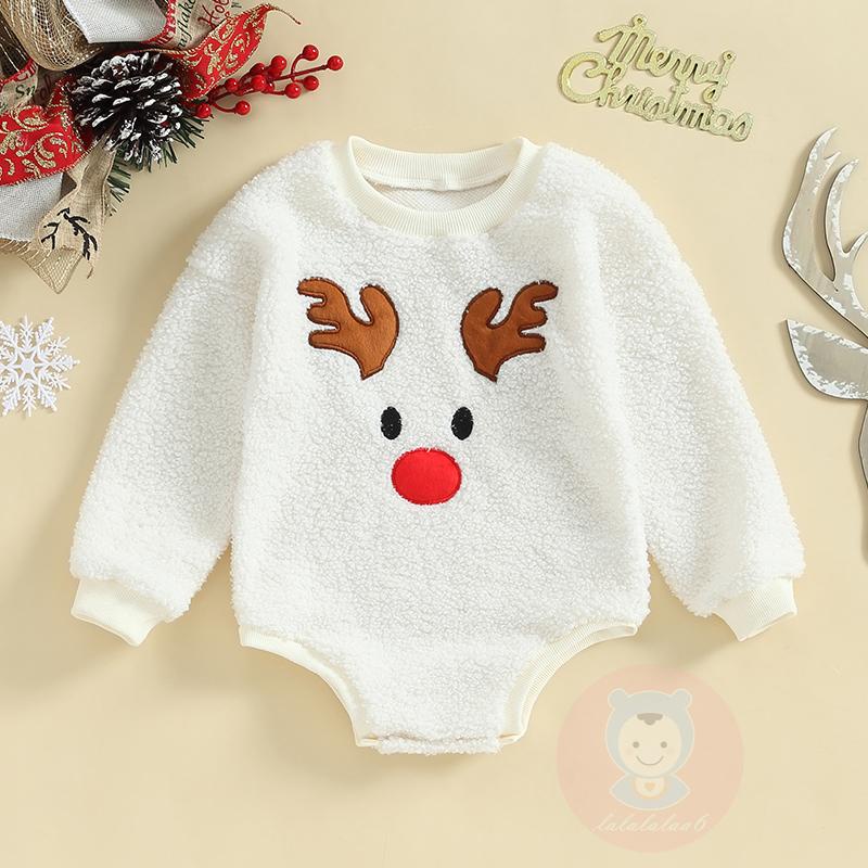 Áo Liền Quần Tay Dài Cổ Tròn Thêu Hình Tuần Lộc laa6-baby fleece