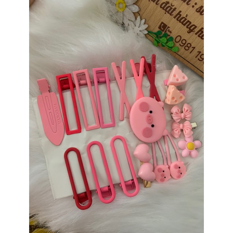 Set 19 món kẹp tóc mái màu hồng ngọt ngào dễ thương