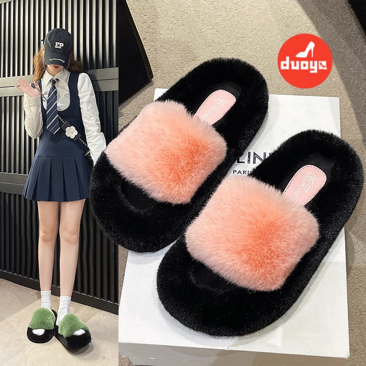 Duooya Dép Cao Su pu Phối Lông Nhân Tạo Màu Xanh Lá