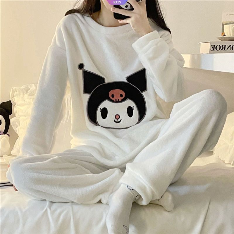 Sanrio kuromi cinnamoroll my melody pom purin Bộ Đồ Ngủ Tay Dài Cổ Tròn Thêu Hình Cô Gái Dễ Thương Giữ Ấm Mùa Thu Đông