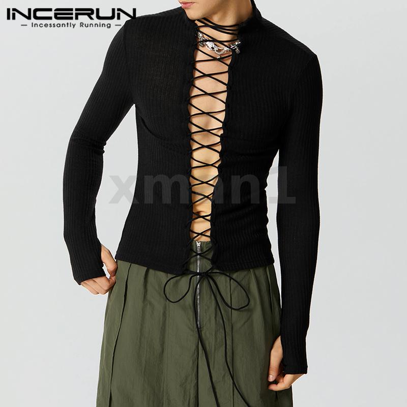 Xman Áo Thun Tay Dài Khoét Lỗ Hở Ngón Phối Dây Rút Phong Cách vintage Thời Trang Cho Nam