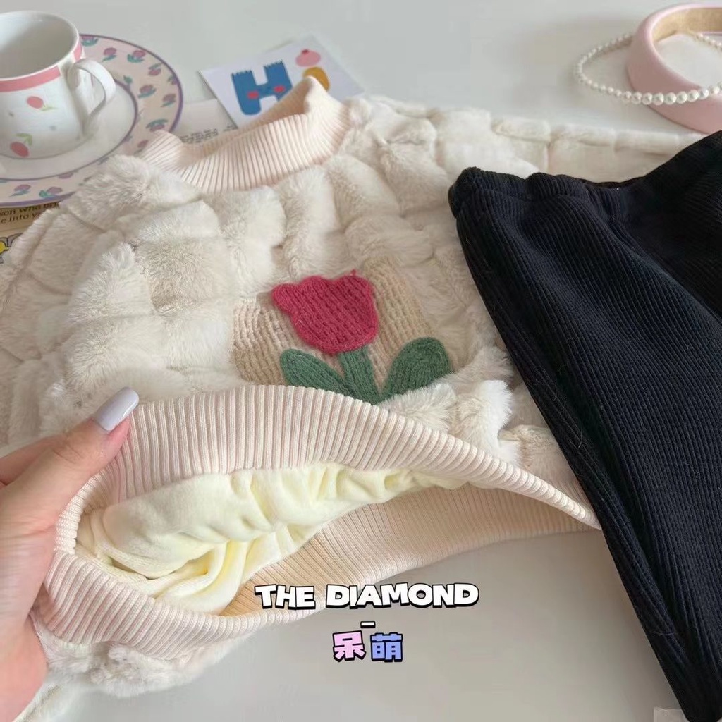 Bộ Áo Nỉ Kèm Quần jeans Lót Lông Cừu Phong Cách Hàn Quốc Thời Trang Thu Đông 2023 Cho Bé Gái