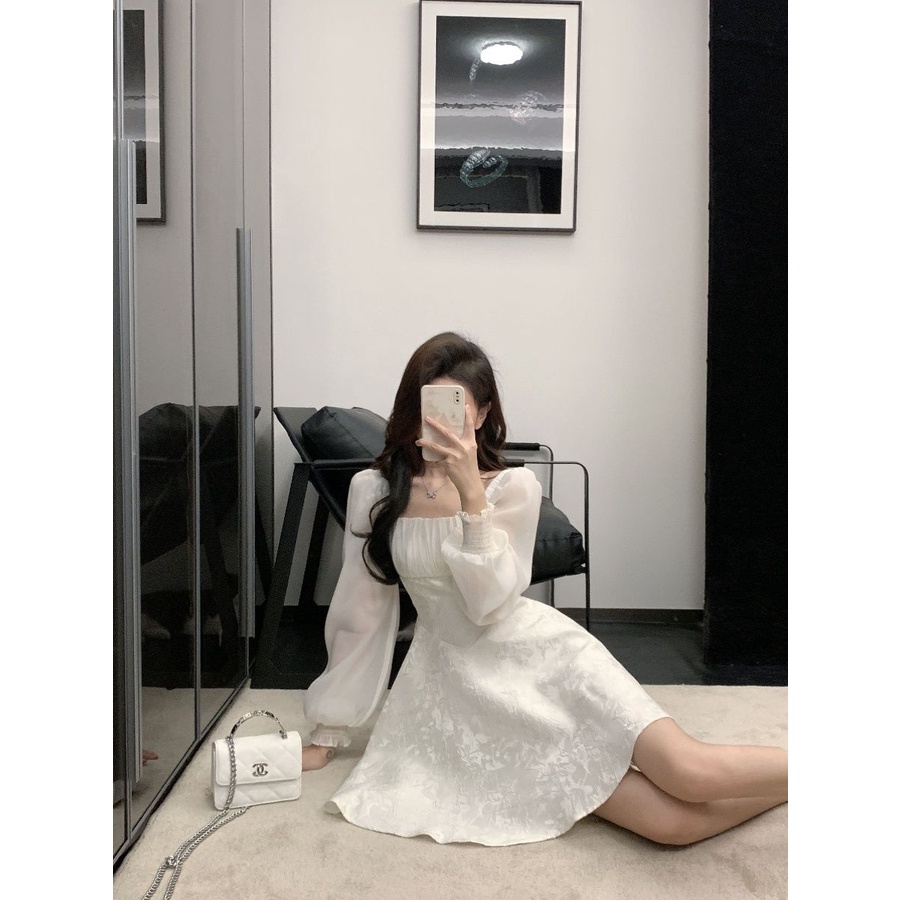 Đầm Cổ Vuông Tay Dài Phong Cách Pháp Thời Trang Xuân Thu 2023 Mới Cho Nữ