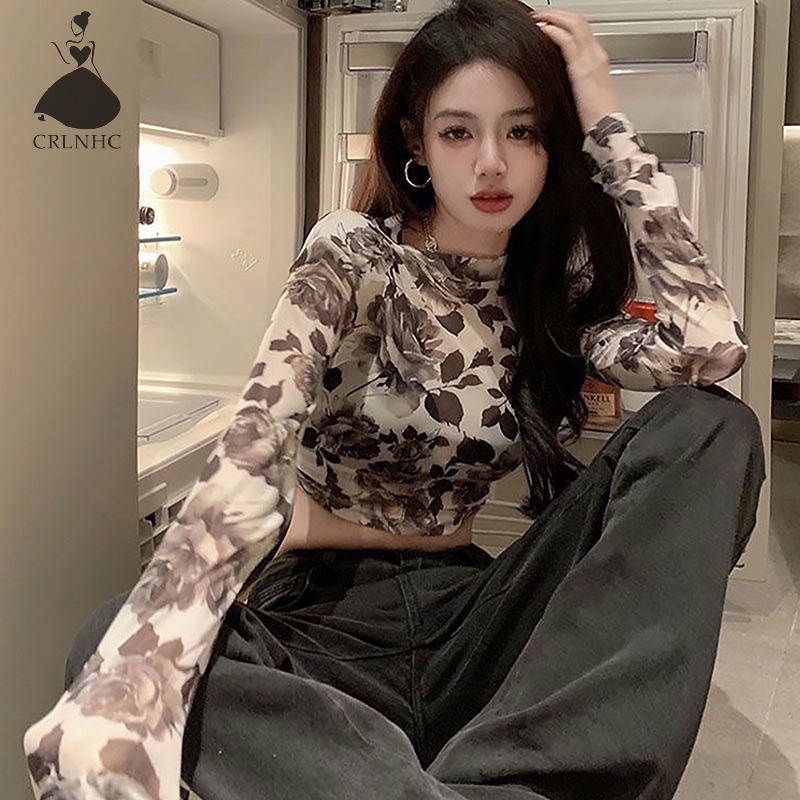 Áo Thun crop top Tay Dài Cổ Tròn In Hoa Thời Trang Mùa Thu Cho Nữ