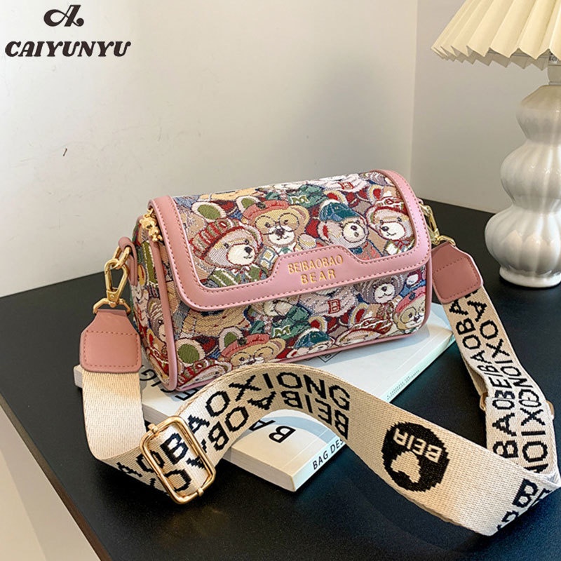 Caiyunyu Túi Đeo Chéo Vai Bằng Da Sức Chứa Lớn Hình Gấu Hoạt Hình Màu Tương Phản Thời Trang Nhật Bản Dễ Thương Cho Nữ