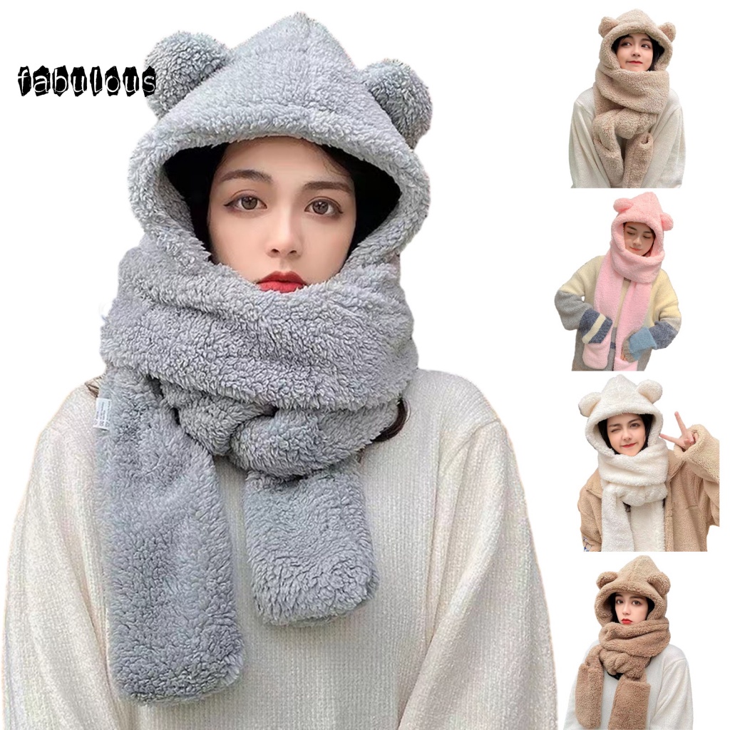 Fab set Mũ Trùm Đầu + Găng Tay + Khăn Choàng 3 Trong 1 Bằng Vải Bông Giữ Ấm Tai Gấu Co Giãn Thời Trang Mùa Đông Cho Nữ
