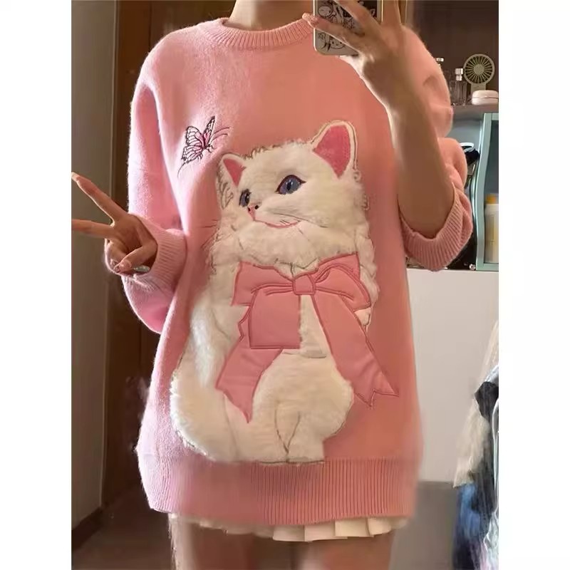 Áo sweater Cổ Tròn Dáng Rộng In Hình Mèo Thời Trang Mùa Thu Cho Nữ