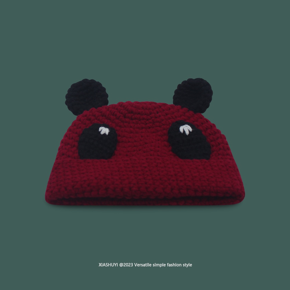 Dễ Thương Mũ Len Dệt Kim Đính Tai Gấu Trúc Phối Màu Tương Phản Xinh Xắn Cho Nữ