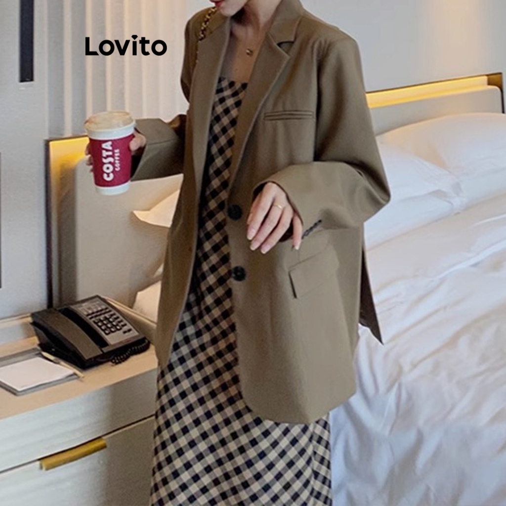 Áo blazer Lovito cài nút trước màu trơn thường ngày cho nữ LNE21208