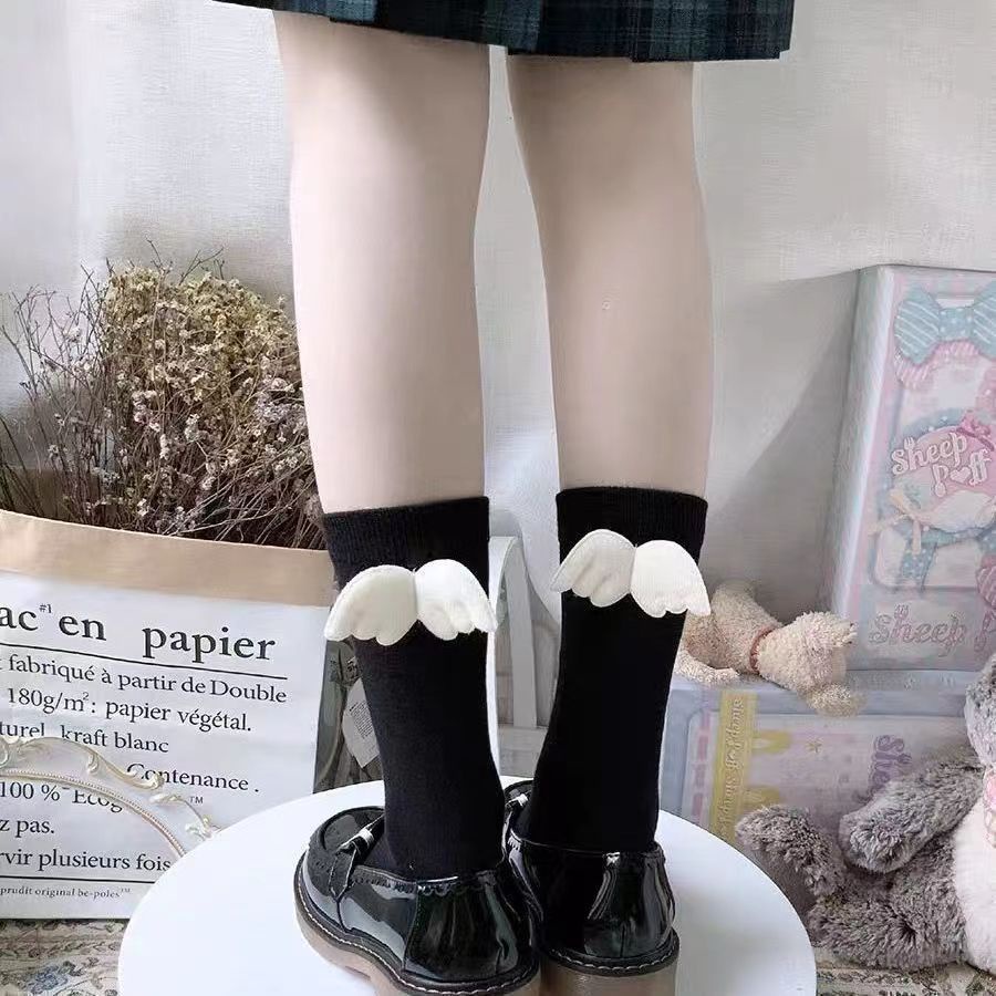 Vớ cotton Cổ Cao Họa Tiết Đôi Cánh Thiên Thần Phong Cách lolita Dễ Thương Đen