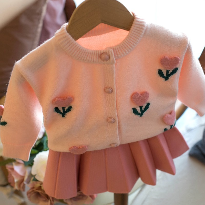 SET ÁO CADIGAN LEN HOA TIM MIX CHÂN VÁY XẾP LY DÁNG XÒE XINH XẮN CHO BÉ- HÀNG QCCC