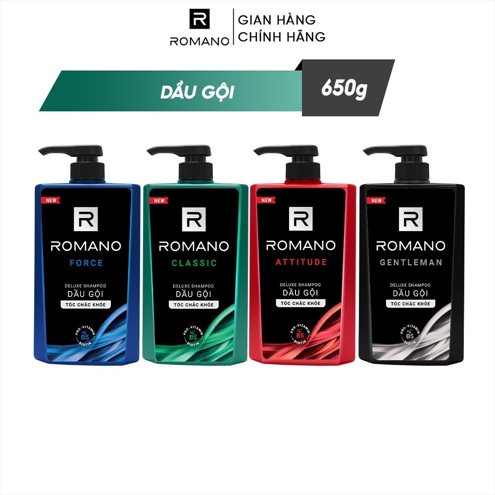 Dầu gội Romano hương nước hoa Classic/ Force/ Attitude/ Gentleman 650g/chai - 4 mùi hương có sẵn