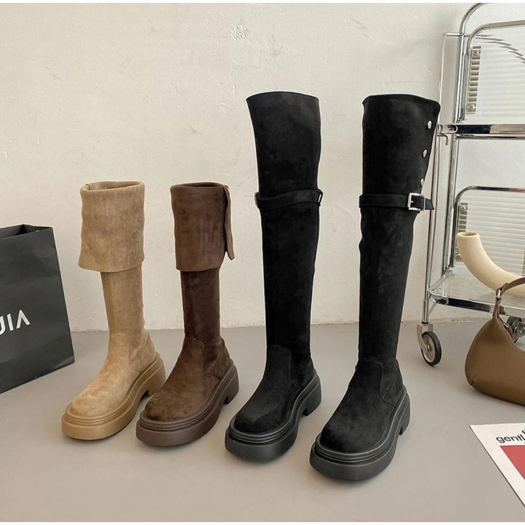 Giày Bốt Cao Qua Gối Bằng Da Lộn Màu Trơn Phong Cách Thu Đông Mới Cho Nữ