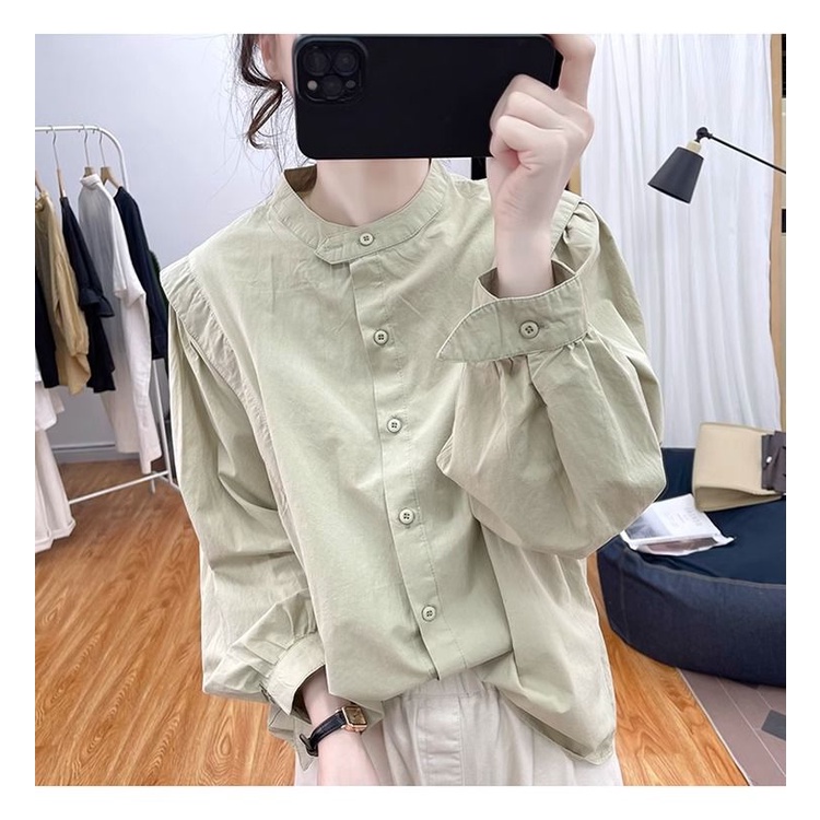 Áo Sơ Mi cotton Cổ Đứng Tay Dài Phồng Dáng Rộng Thời Trang Mùa Thu Hàn Quốc 2023 Dành Cho Bạn Nữ