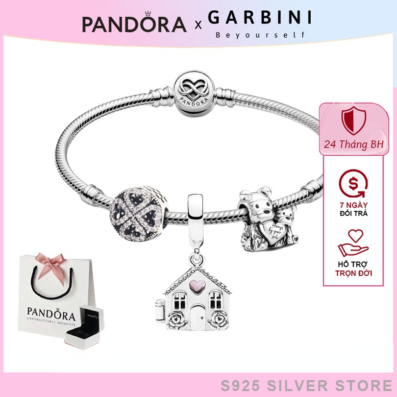 Vòng tay pandora bạc mix charm fullbox bạc s925, lắc tay bạc pandora gia đình, may mắn, bình an - Garbini