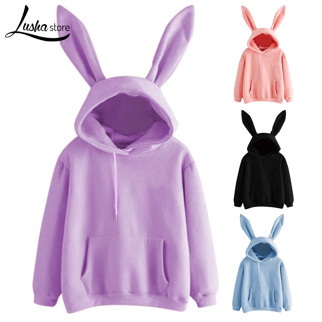 Áo hoodie Tai Thỏ Dài Màu Trơn Ấm Áp Dễ Thương Cho Nữ