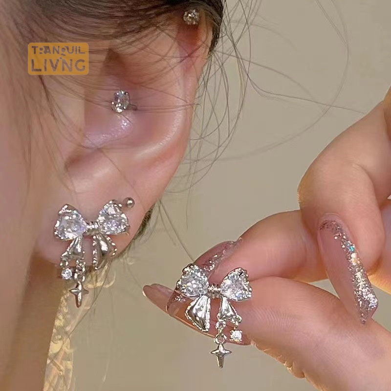 Bông Tai Đinh Tán Đính Đá zircon Thắt Nơ Tinh Tế Kiểu Hàn Quốc Thích Hợp Làm Quà Sinh Nhật Cho Nữ