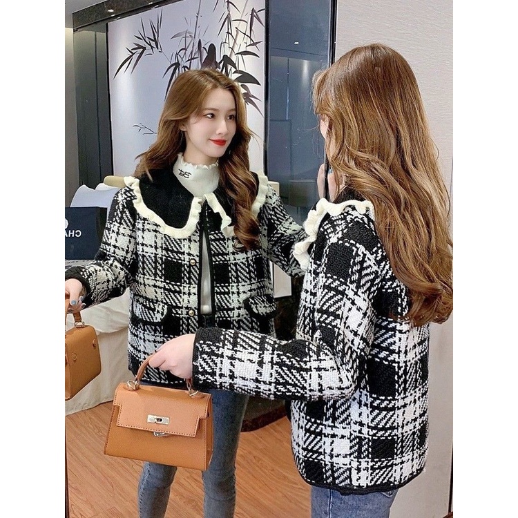 Áo Khoác baggy Dày Dặn Cổ Búp Bê Kẻ Sọc Caro Thời Trang Mới Cho Nữ