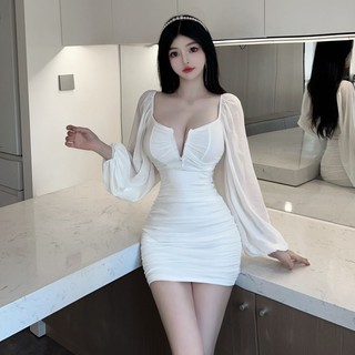 Đầm Voan Tay Dài Phồng Cổ Chữ v Màu Trắng Phong Cách Mới Quyến Rũ Thời Trang Thu Đông Dành Cho Bạn Gái ~ p2fz