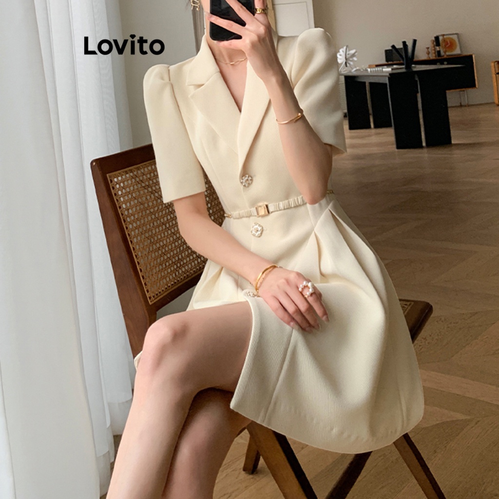 Lovito Đầm xếp ly có dây thắt lưng trơn thanh lịch dành cho nữ LNL36119