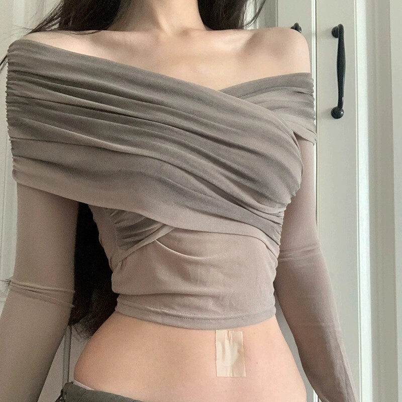 Weird Puss Áo Croptop Trễ Vai Tay Dài Màu Trơn Thời Trang Quyến Rũ Cho Nữ Màu Sắc