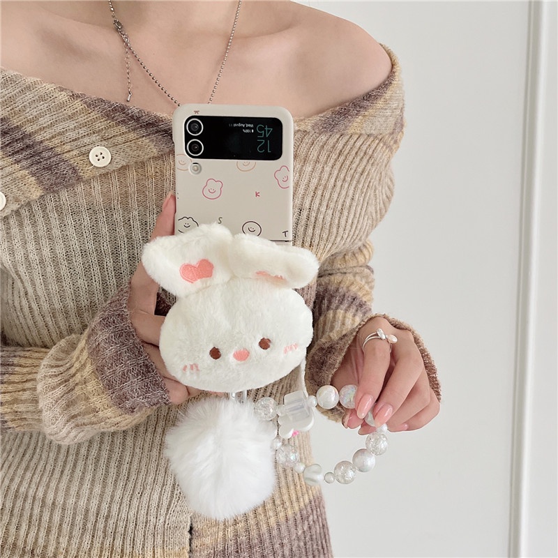 Hoạt Hình Ốp Điện Thoại Chống Sốc Có Dây Đeo Tay Và Bóng Lông Thỏ Cho samsung galaxy z flip 4 3 5 samsung z flip5 zflip5