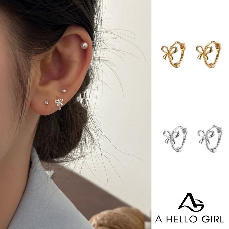 Ahellogirl Khuyên tai xỏ bạc S925 hình nơ tròn nhỏ không gây dị ứng phong cách Hàn Quốc cho nữ đeo hàng ngày
