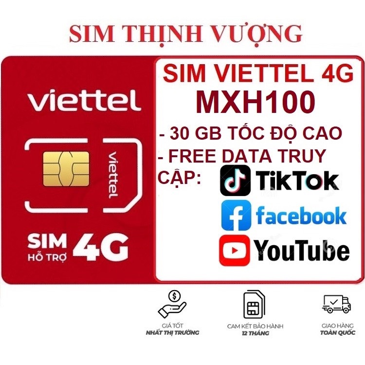 Sim 4G Viettel Trọn Gói 1 Năm - Không Giới Hạn Data - 12MXH100 Truy cập ứng dụng internet không giới hạn