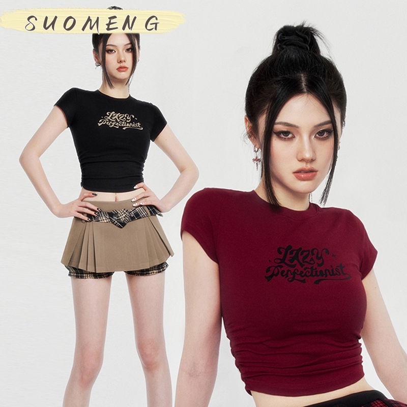 SUOMENG Áo croptop áo thun baby tee nữ âu mỹ chất cạp cao Cổ tay ngắn in họa tiết vintage Độc đáo Chic Thanh lịch Korean Style A29J1QY 36Z230909
